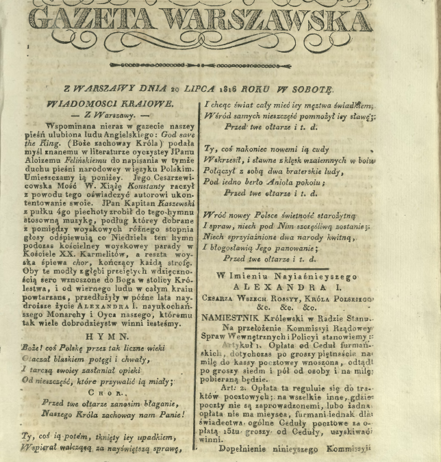 „BOŻE, COŚ POLSKĘ” NAPISANO DLA CARA ALEKSANDRA I